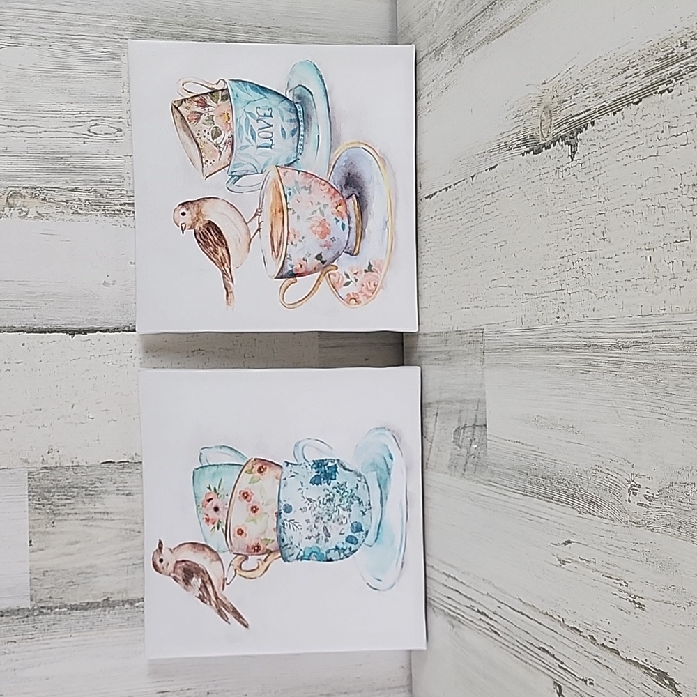 Birds teacups printed canvas decorative wall hanging art 8.5" x 8.5" set of 2